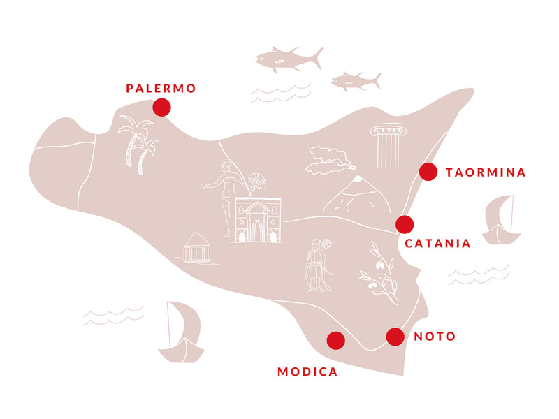 Illustrative Karte von Sizilien mit allen namensgebenden Städten für STUDIO SICILY Kollektionen