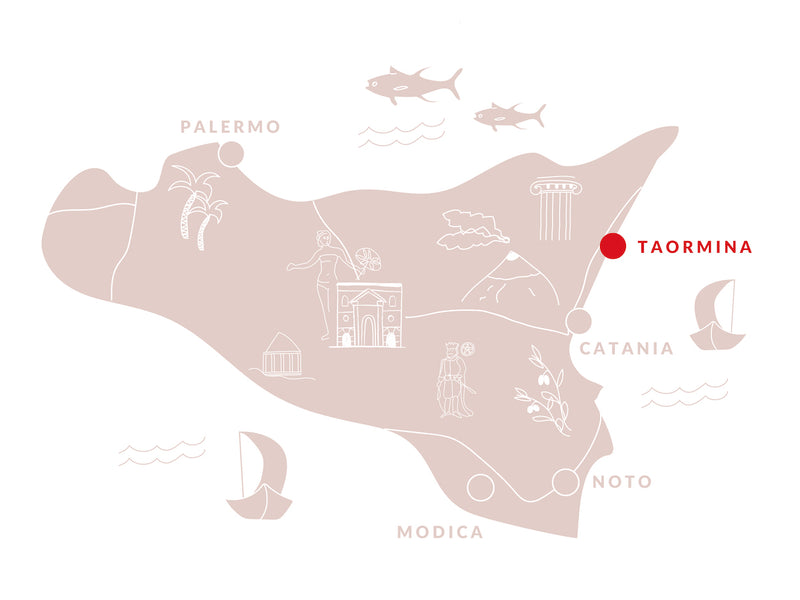 Illustrative Karte von Sizilien mit allen namensgebenden Städten für STUDIO SICILY Kollektionen, Markierung Taormina